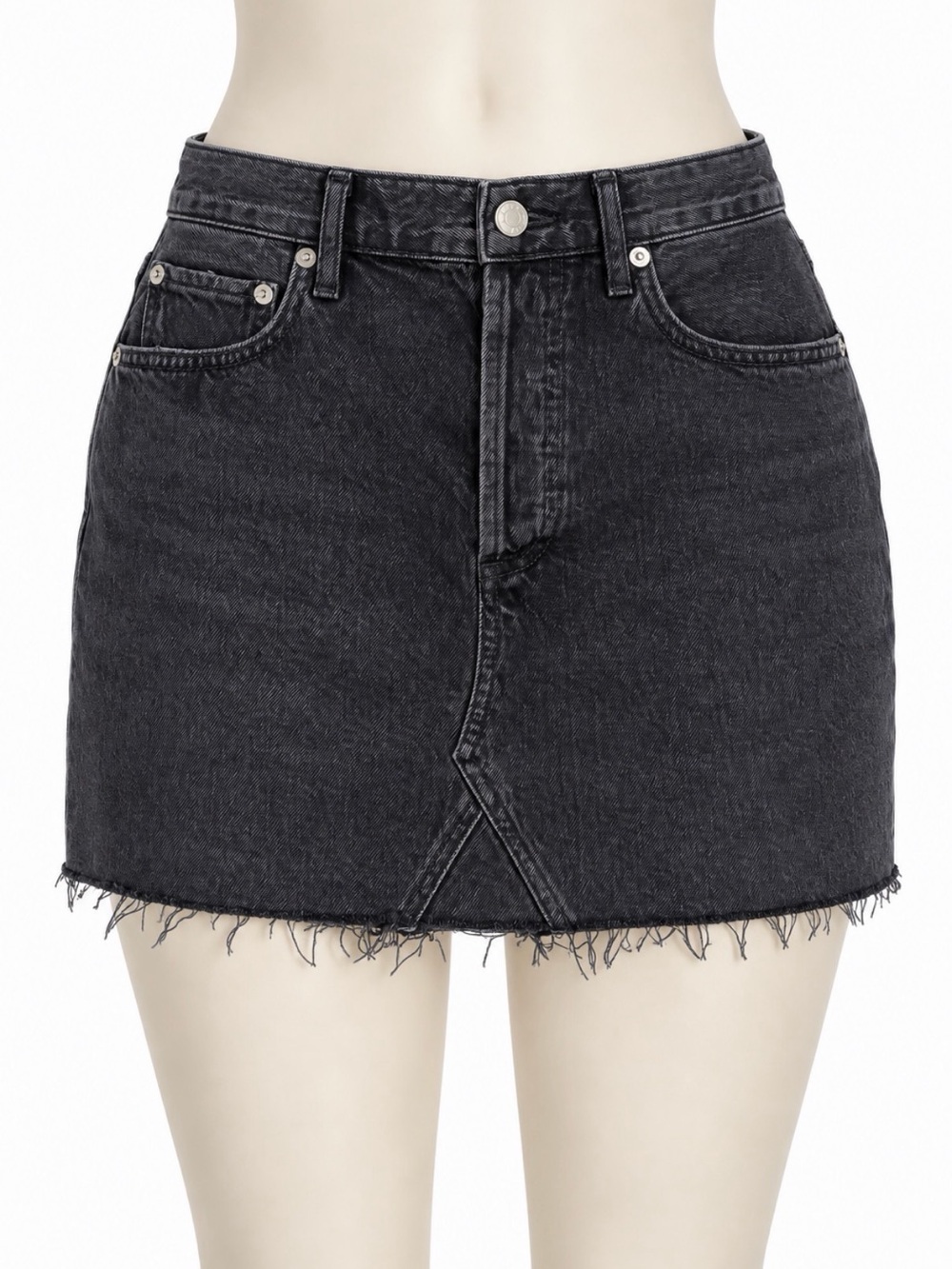 Agolde Washed Black Denim Mini Skirt with Frayed Hem